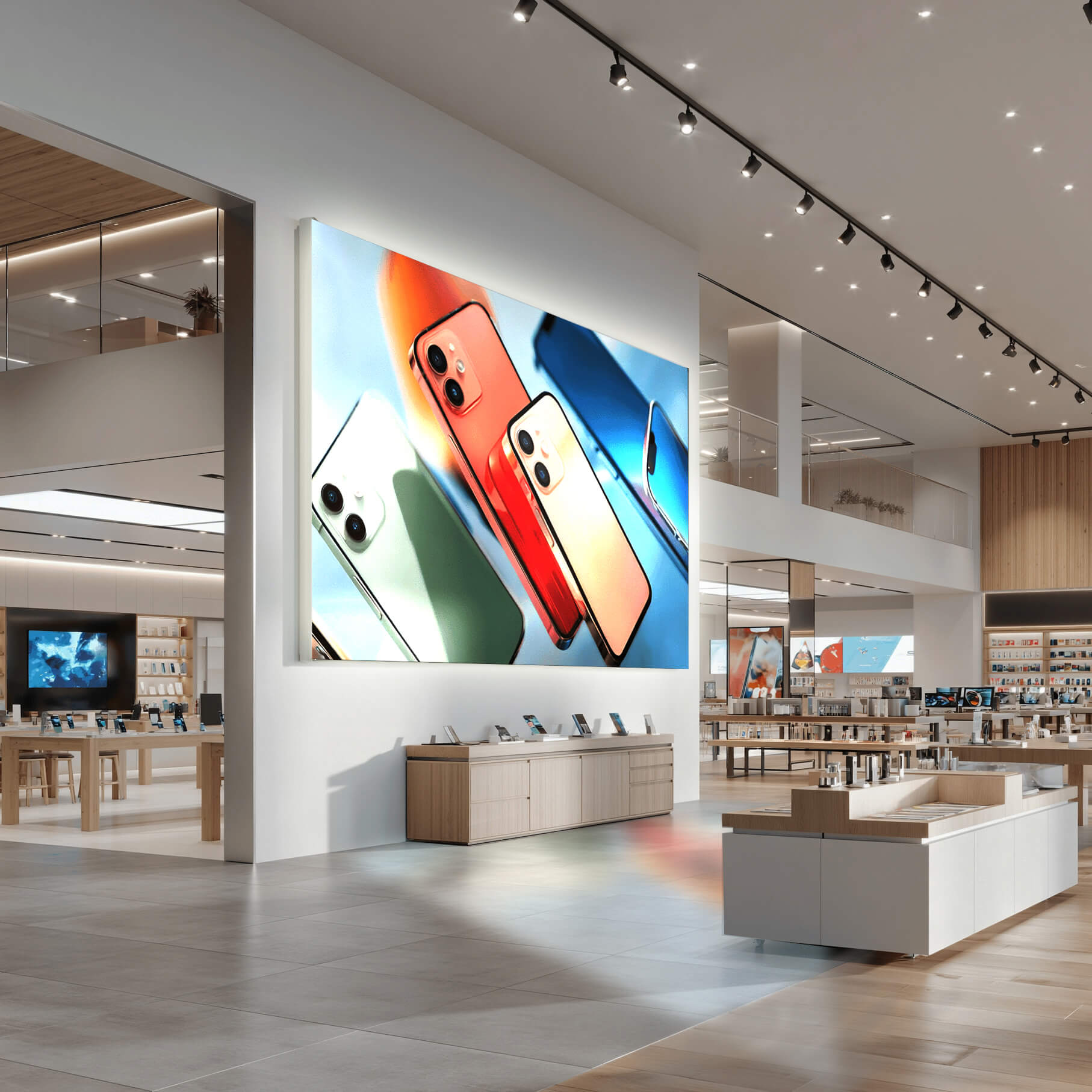 LUMMEA Core Lichtwand mit großflächigem Produktmotiv im modernen Elektronikgeschäft zur gezielten Markeninszenierung. Hochwertige Präsentationsfläche für Einzelhandel und Shopfitting