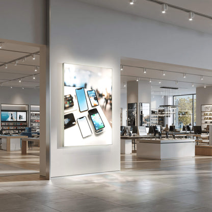 Primex Lummea Core Leuchtrahmen mit Produktmotiv im modernen Einzelhandel zur gezielten Markeninszenierung. Hochwertige Präsentationsfläche für Shopfitting und Verkaufsräume.