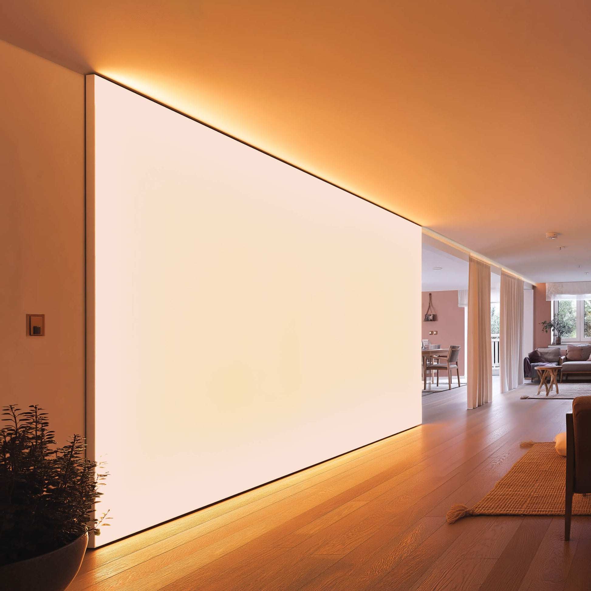 LUMMEA HCL Lichtwand im Gemeinschaftssaal eines Altenheims zur Förderung von Wohlbefinden und Orientierung durch Human Centric Lighting