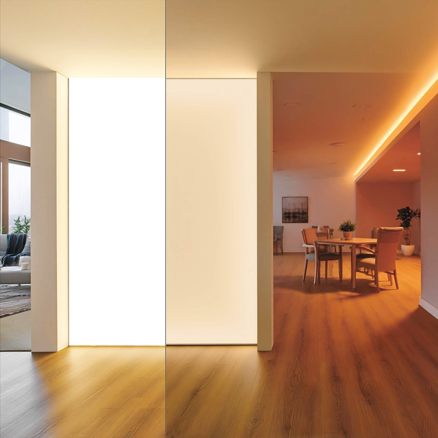 LUMMEA HCL Lichtwand mit Human Centric Lighting im Aufenthaltsbereich eines Seniorenheims zur Förderung von Wohlbefinden und Orientierung