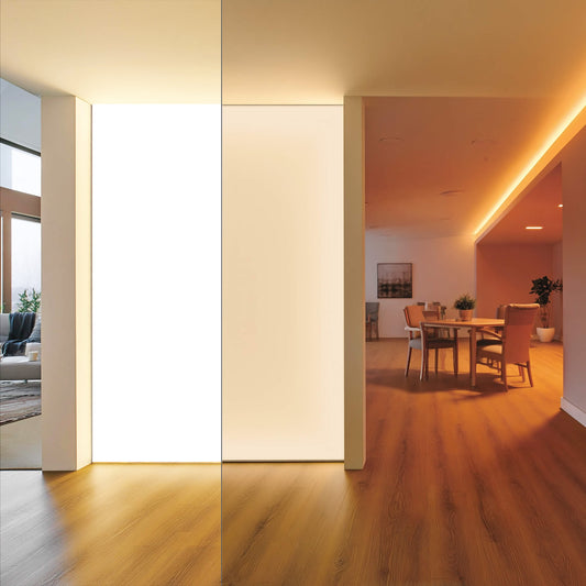 LUMMEA HCL Lichtwand mit Human Centric Lighting im Aufenthaltsbereich eines Seniorenheims zur Förderung von Wohlbefinden und Orientierung