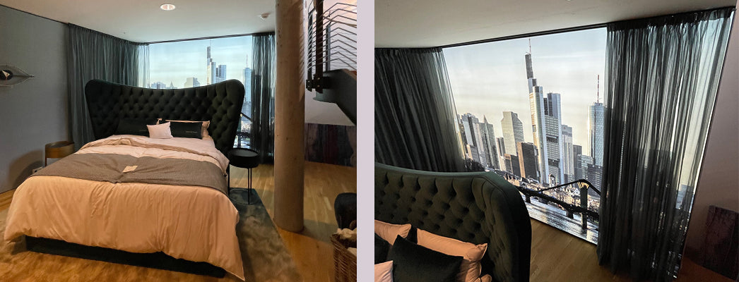 Lichtwand, die eine optische Illusion erzeugt. DieLichtwand mit Stadtmotiv simmuliert einen Blick nach draußen und ist zu finden im meiser-living-hanau