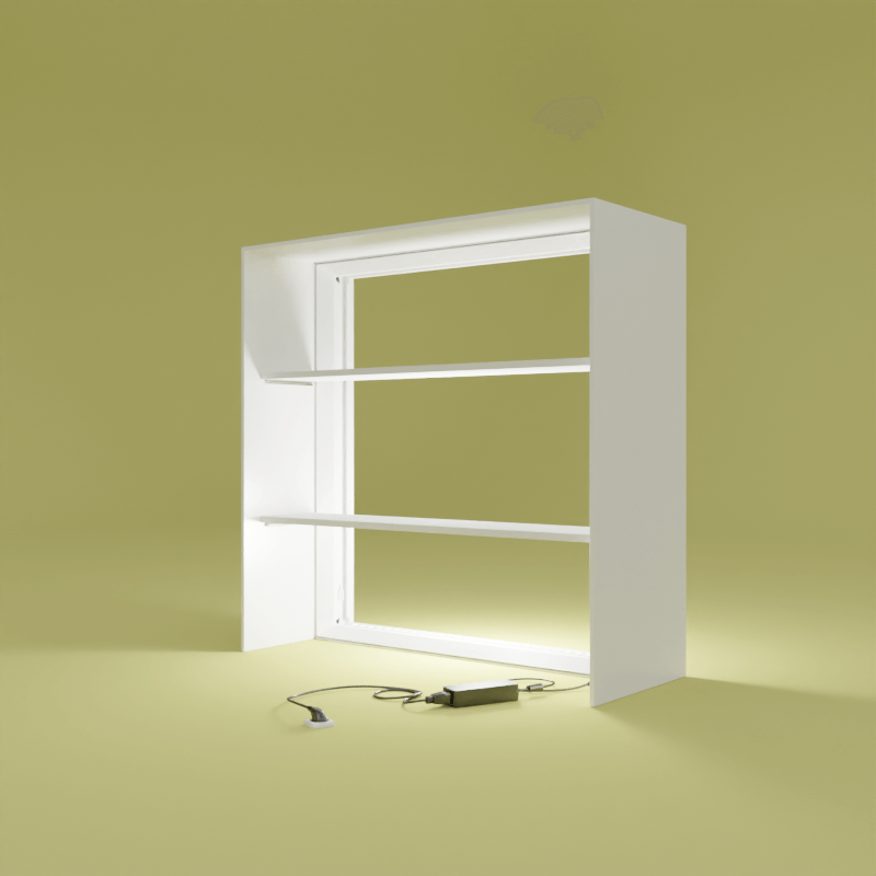 PIXLIP GO Counter L frame without textile print, with built-in LED lighting and power connection.