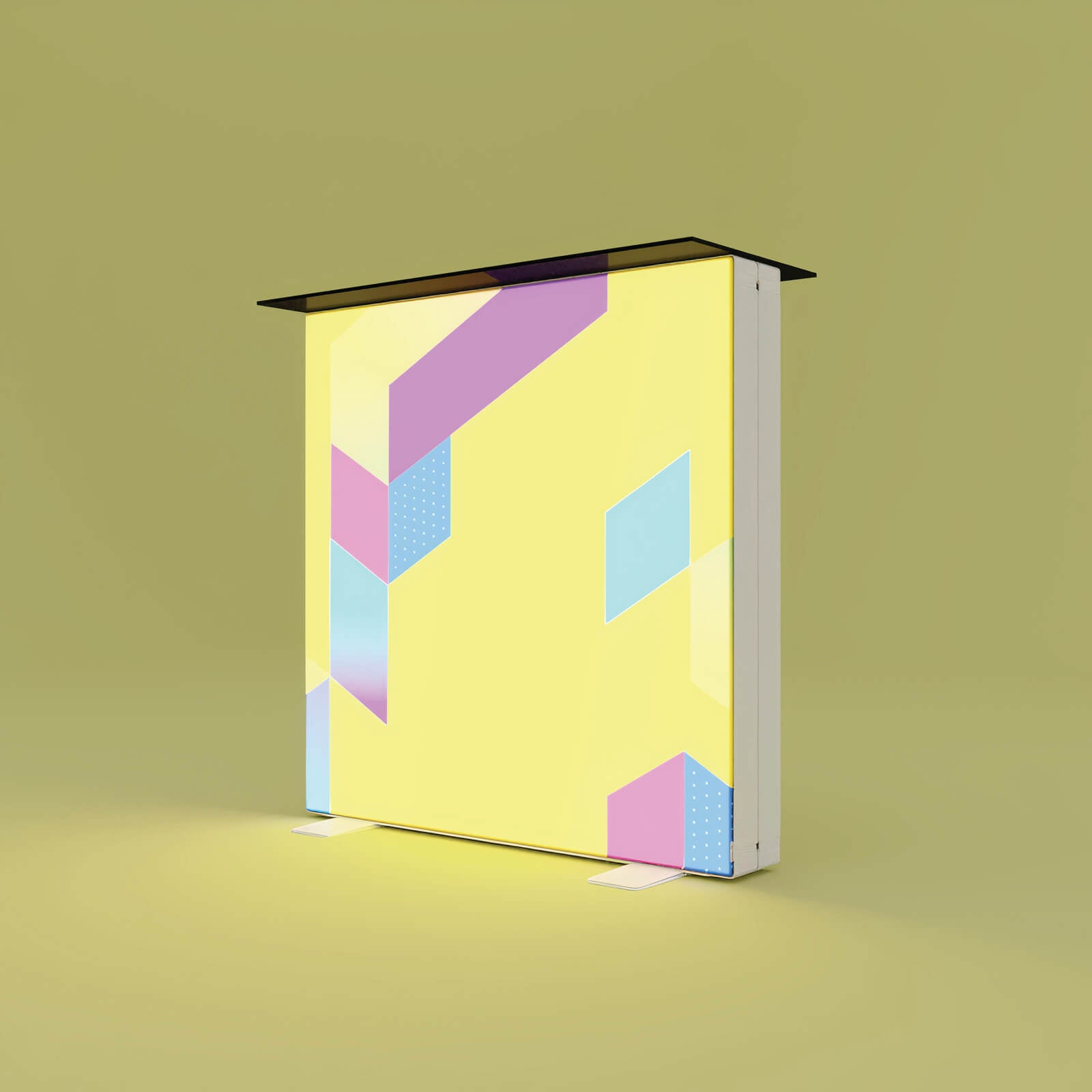 Produktbild des beleuchteten PIXLIP GO Theke S mit eingespanntem Textildruck und schwarzer Ablagefläche.