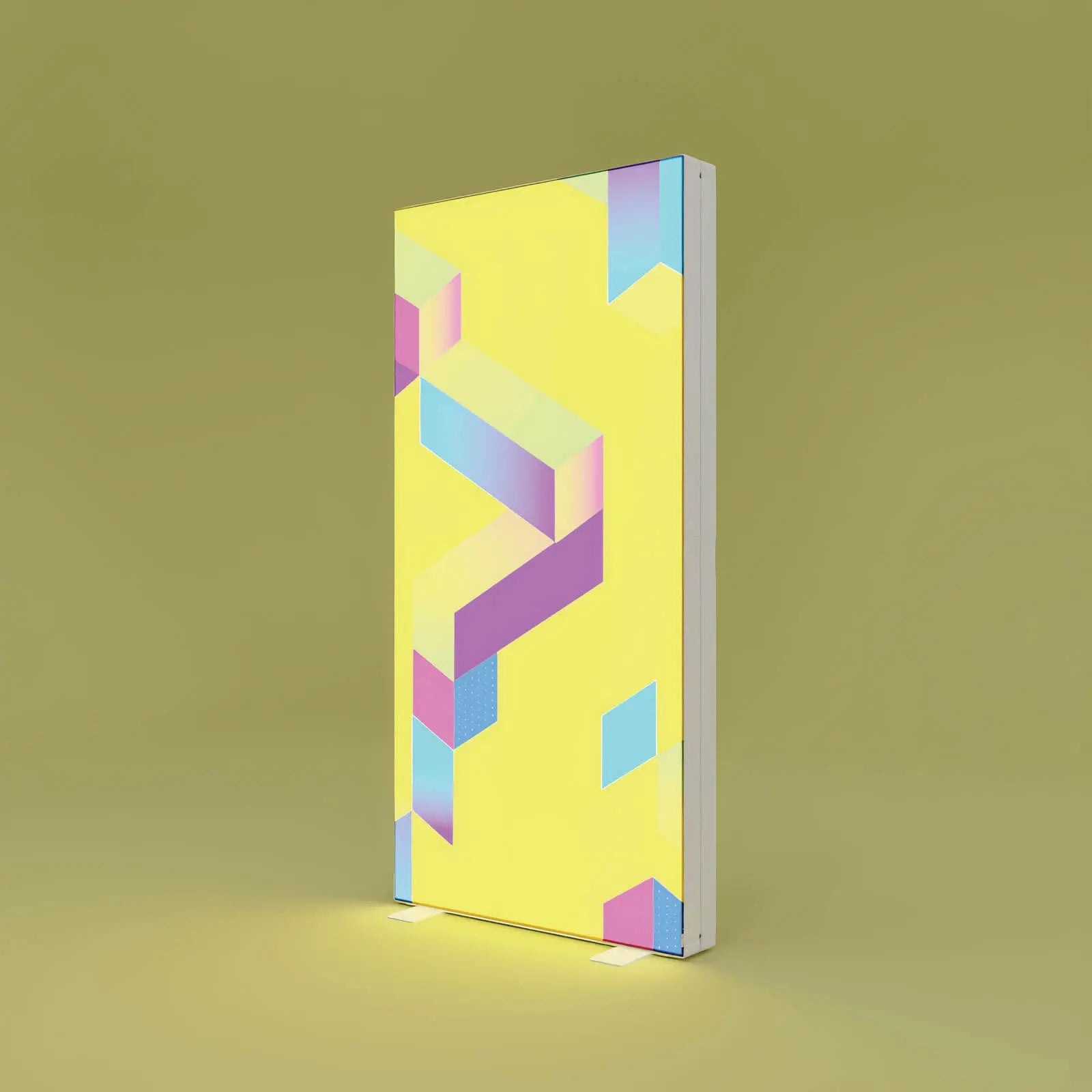 Leuchtwand, freistehende PIXLIP GO Messwand mit gelbem Stoffbanner und farbenfrohem geometrischem Design.