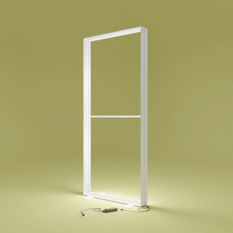 Detailansicht des Aluminiumrahmens der PIXLIP GO LED Messewand von Primex mit beleuchtetem Profil.