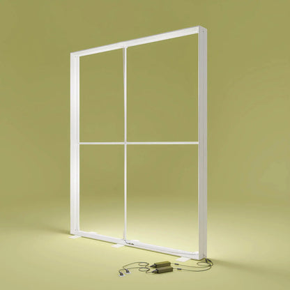 Detailansicht des Aluminiumrahmens der PIXLIP GO LED Messewand von Primex mit beleuchtetem Profil ohne Stoffbanner .