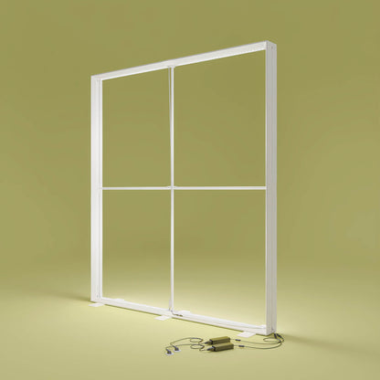 Detailansicht des Aluminiumrahmens der PIXLIP GO LED Messewand von Primex mit beleuchtetem Profil.