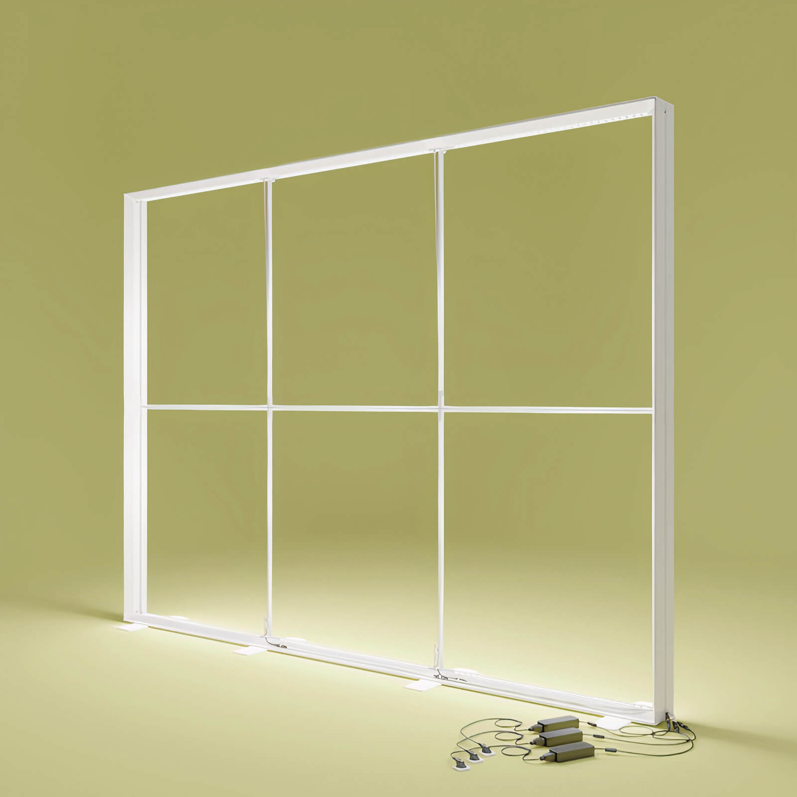 Detailansicht des Aluminiumrahmens der PIXLIP GO LED Messewand von Primex mit beleuchtetem Profil.