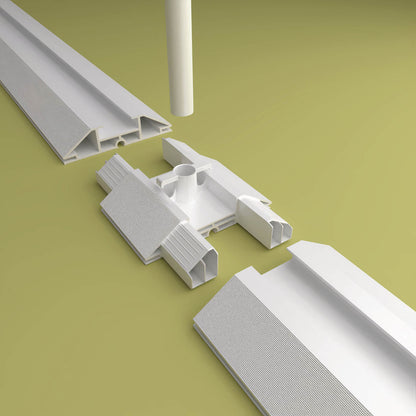 Detaillierte Aufnahme des PIXLIP GO Strebenhalters von Primex zur stabilen Verbindung und einfachen Montage von Rahmenprofilen.