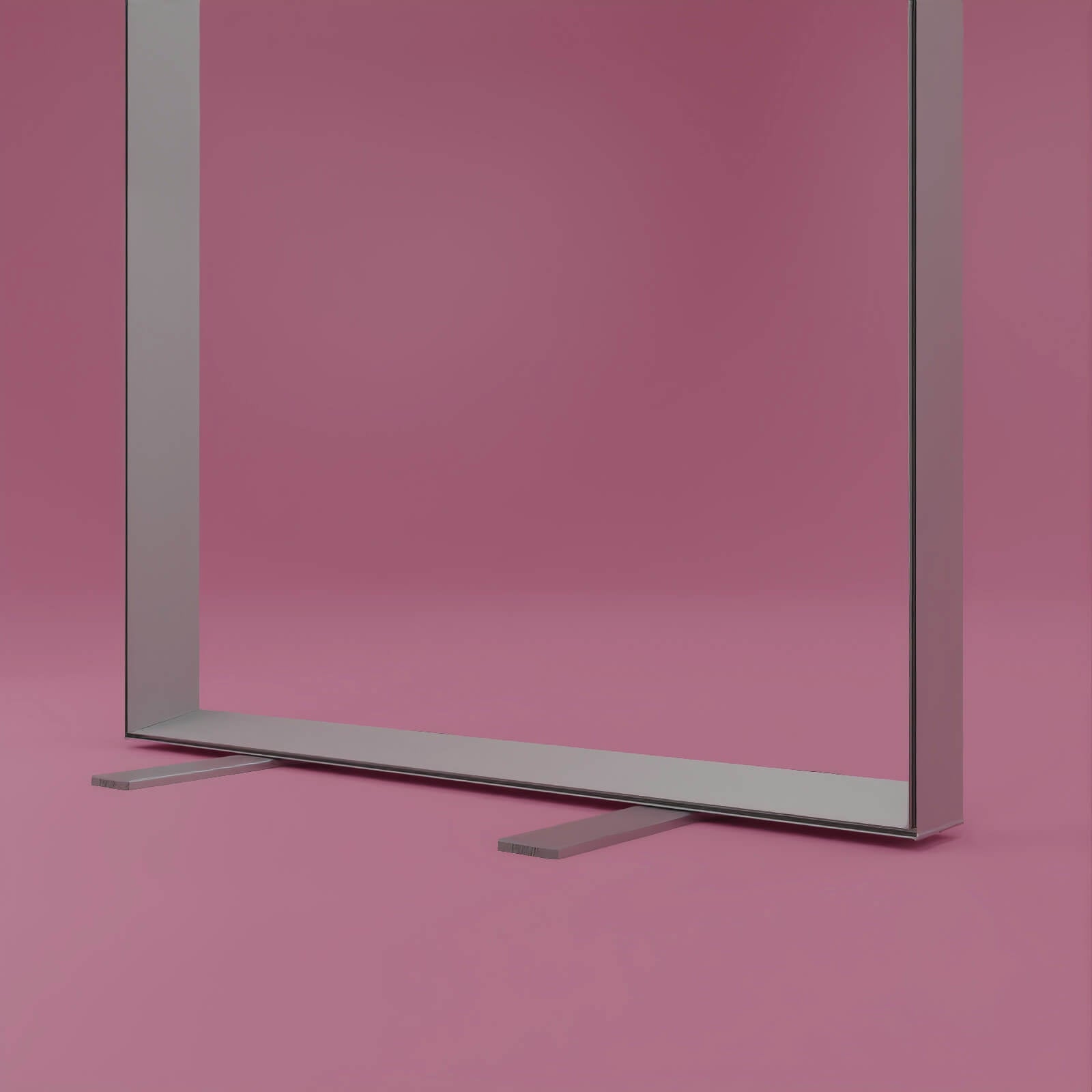 Detailaufnahme des Bodenprofils eines PIXLIP POP Rahmensystems mit stabilisierenden Standfüßen, vor rosa Hintergrund.