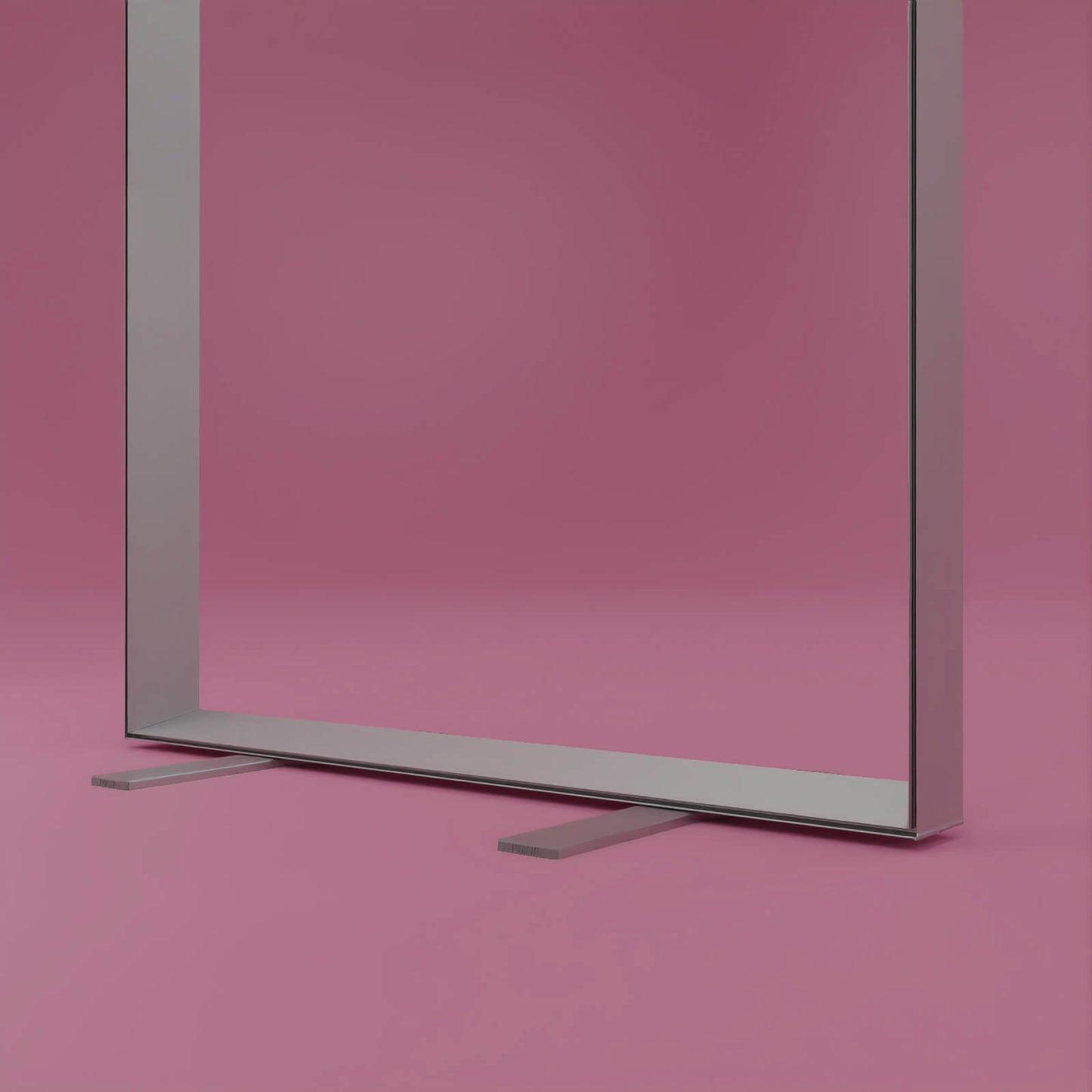 Detailaufnahme des Bodenprofils eines PIXLIP POP Rahmensystems mit stabilisierenden Standfüßen, vor rosa Hintergrund.