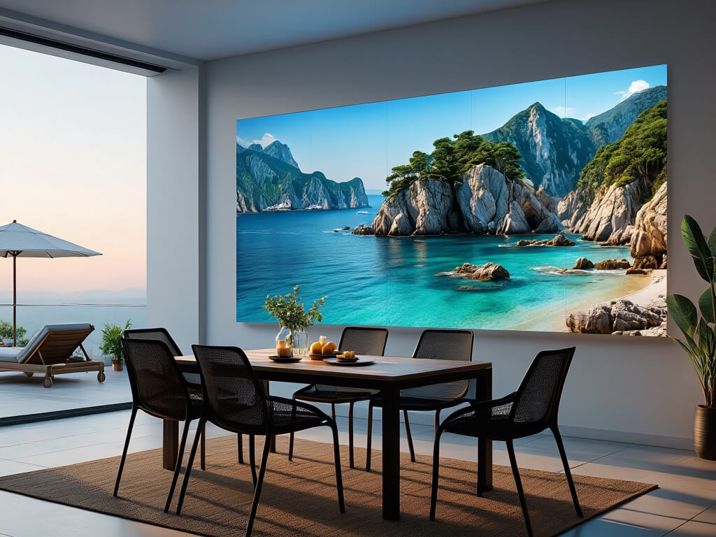 Essbereich mit einem großformatigen LED-Wandbild, das eine malerische Küstenlandschaft mit Felsen und türkisblauem Meer zeigt.