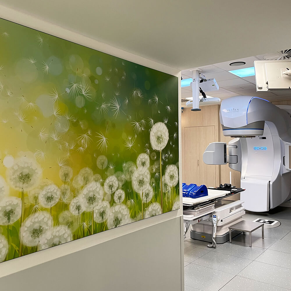 Untersuchungsraum im Krankenhaus mit einem Akustikbild an der Wand, das ein Pusteblumenmotiv zeigt.