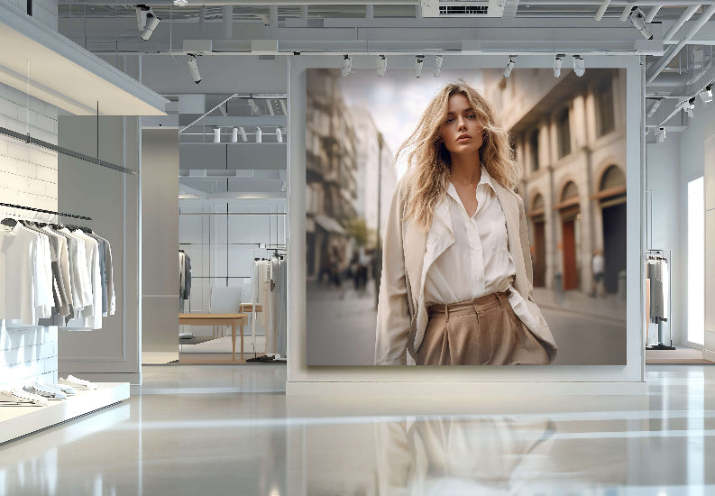 Einzelhandel mit großem Akustikbild, das eine Frau in Kleidung in Beigetönen zeigt.