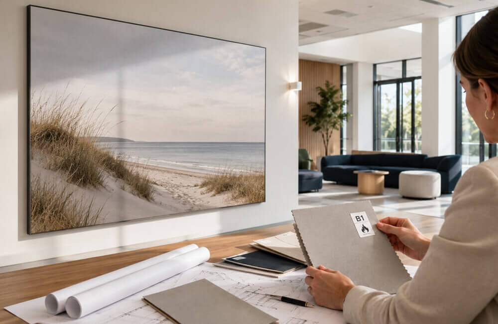 Architektin prüft glattes B1-zertifiziertes Textilmuster vor einem Textilspannrahmen mit Ostsee-Dünenmotiv.
