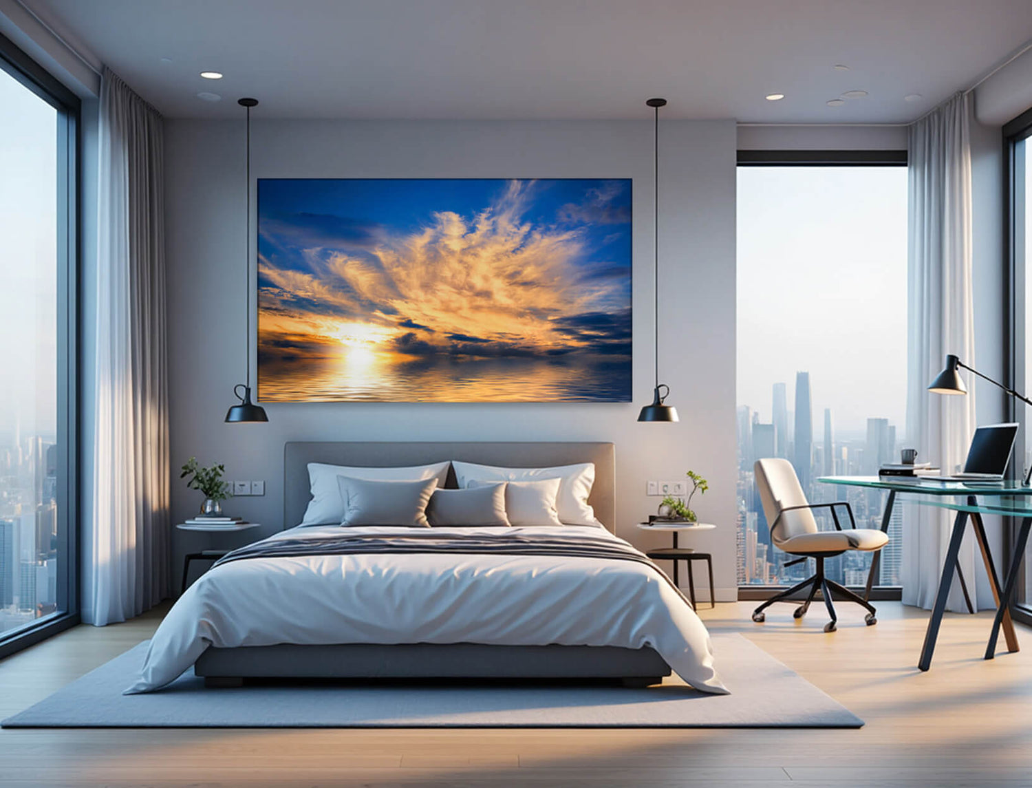 Stilvolles Hotelzimmer mit einem LED-Rahmen an der Wand oberhalb des Betts. Der leuchtende Rahmen zeigt ein stimmungsvolles Motiv eines Sonnenuntergangs über dem Wasser.