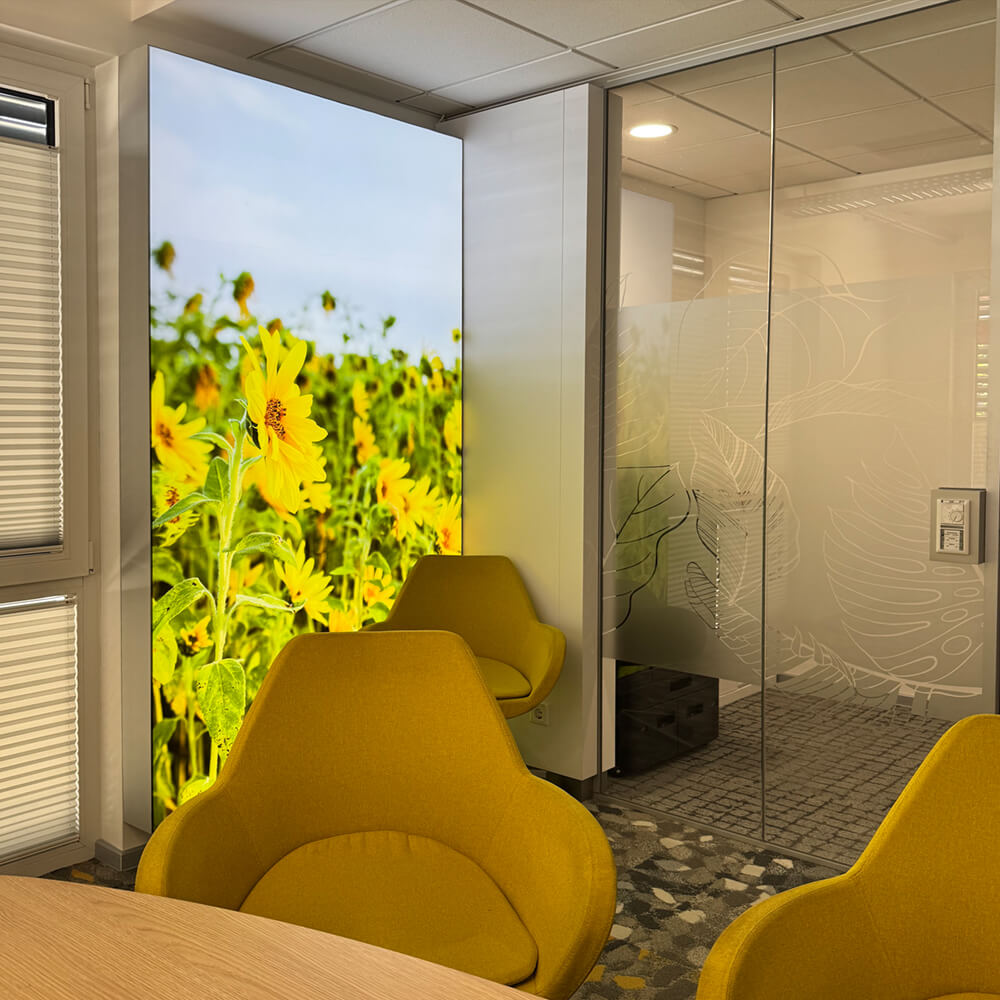 Primex Lichtwand als großformatige Motivwand mit Sonnenblumen in Sparkassen-Filiale