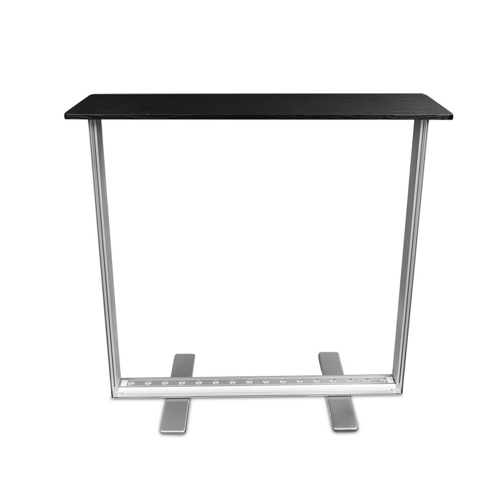 Frontalansicht Primex Lightbox FLEX 2go Counter LED mit Aluminiumrahmen und Tischplatte, ohne Textilbespannung