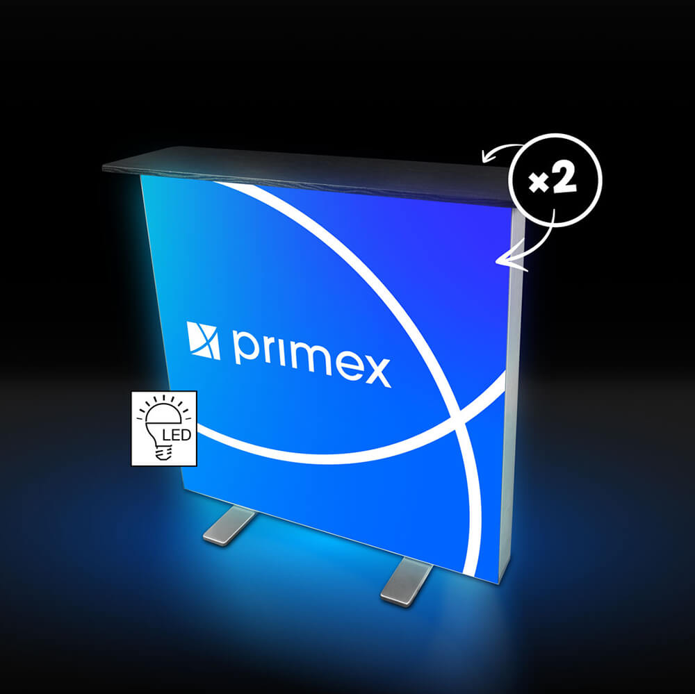 Mobiler LED Counter mit Lightbox-System, LED-Beleuchtung und doppelseitigem Textildruck für Messen und Events