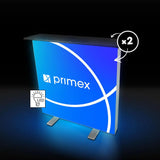 LED Counter mit Lightbox-System, LED-Beleuchtung und doppelseitigem Stoffbanner für Messen und Events