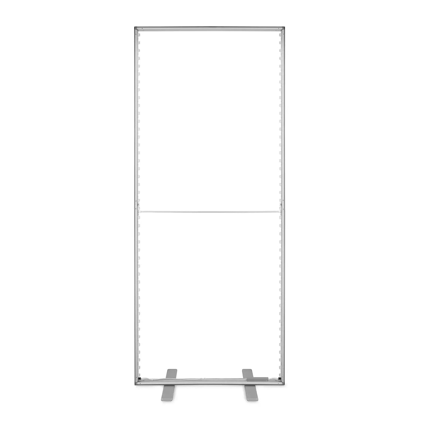 Frontalansicht der kompakten LED-Messewand LIGHTBOX FLEX 2go -SLIM mit Aluminiumprofil und Standfüßen