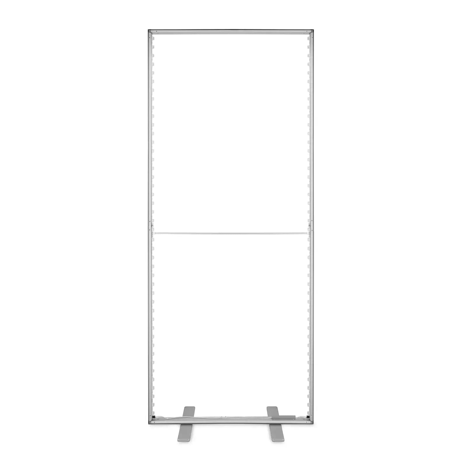 Frontalansicht der kompakten LED-Messewand LIGHTBOX FLEX 2go -SLIM mit Aluminiumprofil und Standfüßen