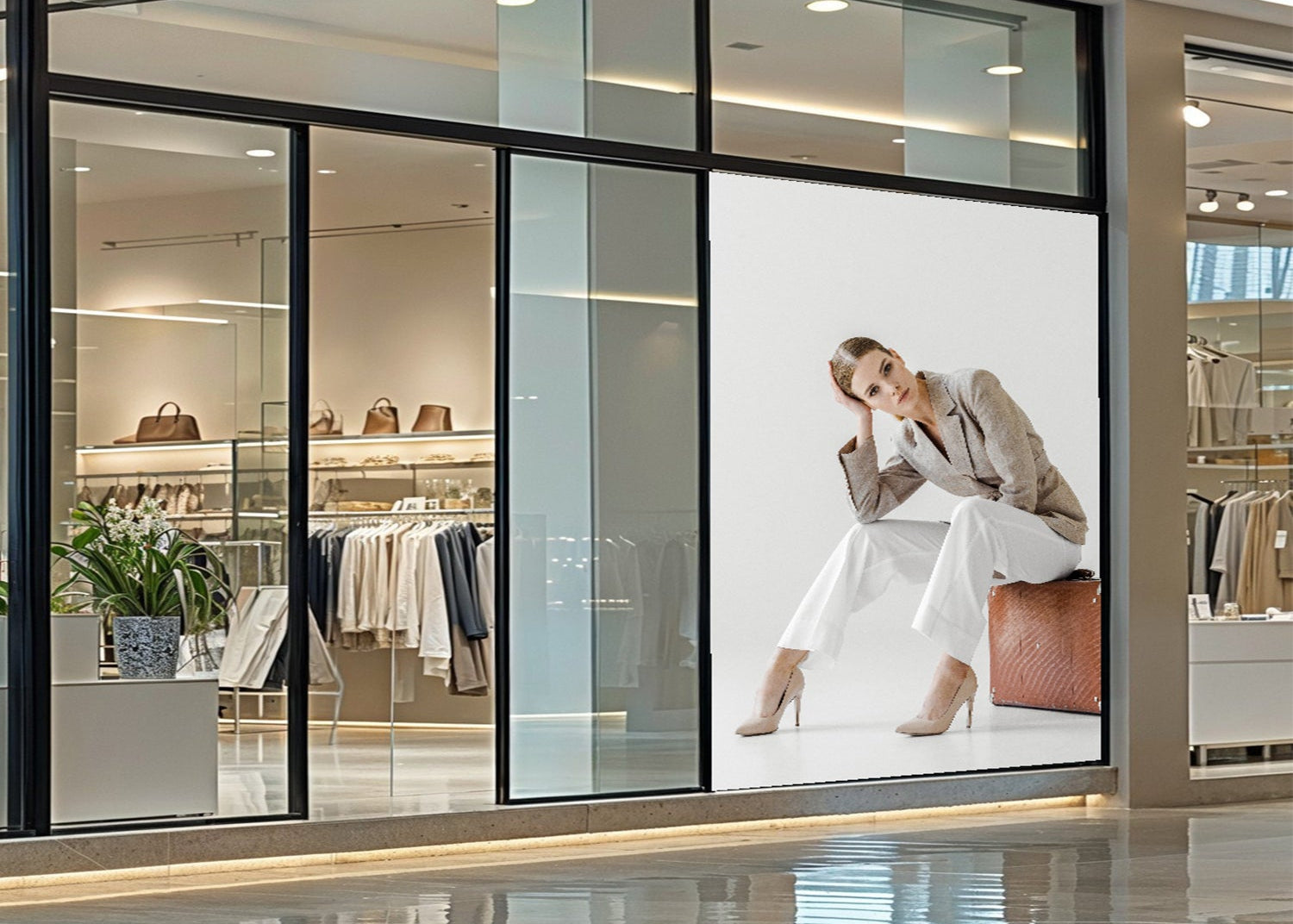 Textilspannrahmen im Schaufenster mit dem Motiv einer Frau, die auf einem Lederkoffer sitzt.