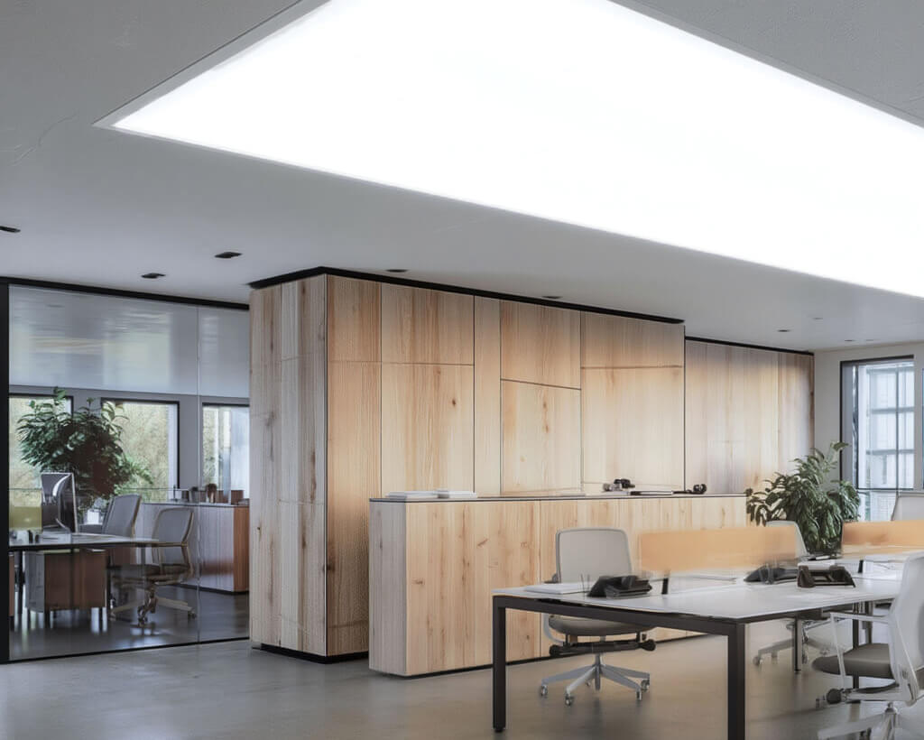 Primex Lichtdecke in einem modernen Bro mit hellen Holzmöbeln