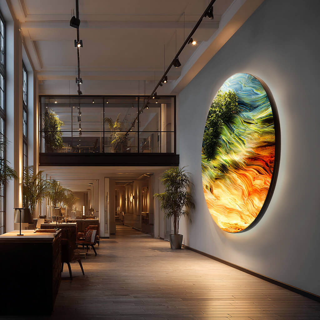 Modernes Interieur mit hohen Decken und Pflanzen, an der Wand ein rundes LED-Wandbild als Flächenlicht mit abstraktem, farbenfrohem Motiv in Grün-, Blau- und Orangetönen.