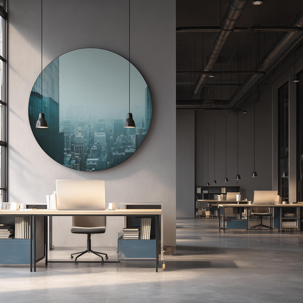 SILMEA Round Akustikbild als runder Schallabsorber für Büroflächen und repräsentative Eingangsbereiche und Foyers