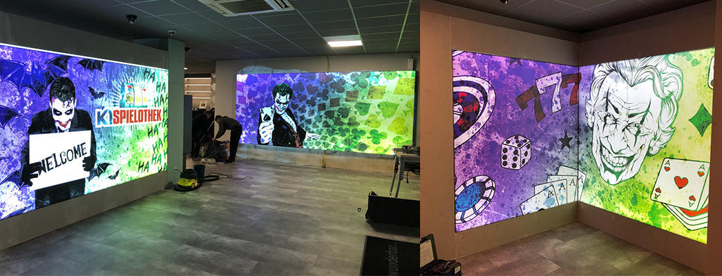 LED Lichtwände über Eck Lösung - Sonderkonstruktion von LED Rahmen für die Wand in einer Spielhalle