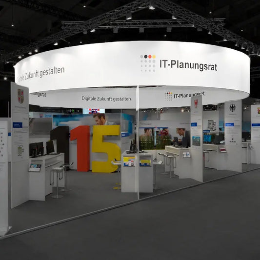 Runder Messe Deckehänger "Pro Rund" mit Werbefläche Innen und Außen, über einem Messestand hängend, aus formstabilem Aluspannrahmen